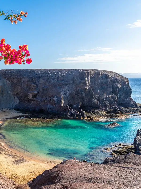 Blick auf eine wunderschöne Bucht und den Strand an den Playas de Papagayo auf Lanzarote